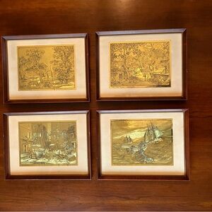 Set of 4 Vintage Framed Gold Foil Etching Art Prints by Lionel Barrymore